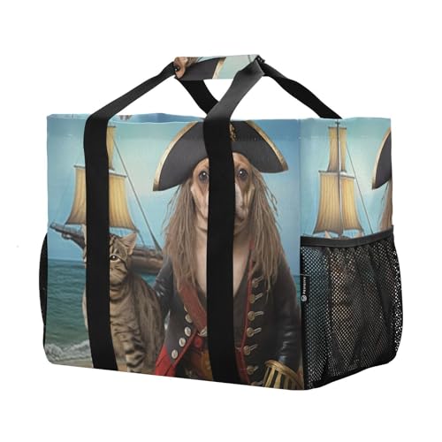 YETTASBIN Pirate Cat Dog Large Foldable Travel Tote Bag, Lightweight Waterproof Swim Pool Bag with Handles & Pocket for Beach Outdoor, Reusable Grocery Bag for Kitchen, Shopping