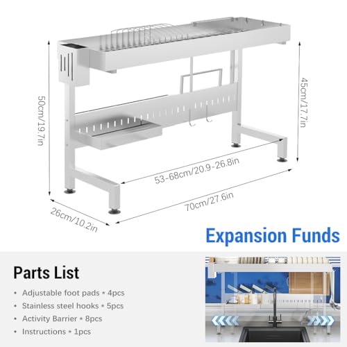 Image of HASTHIP Stainless Steel Double Layer Adjustable Over Sink Dish Drying Rack | Counter Top Sink Rack, Adjustable Width 53-68CM, Large Capacity Saves Space, Sturdy Stable, Hold a Variety of Utensils