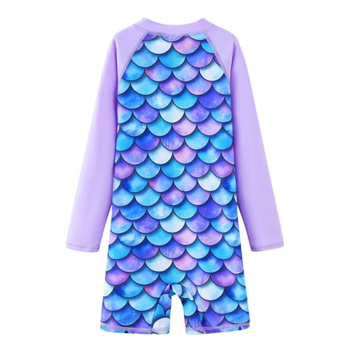Girls Rash Guard Long Sleeve One Piece Swimsuits with UPF 50+ Sun Protection Zipper Bathing Suits Purple,Scale,8Y