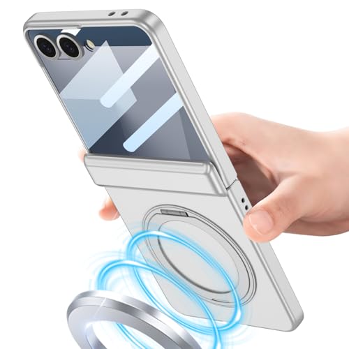 Image of for Samsung Galaxy Z Flip 7 Case with 360 Bracket Ring Holder Magnetic Hinge Protection & Built-in Front Screen Protector, Slim Texture Shockproof Case.(Black)