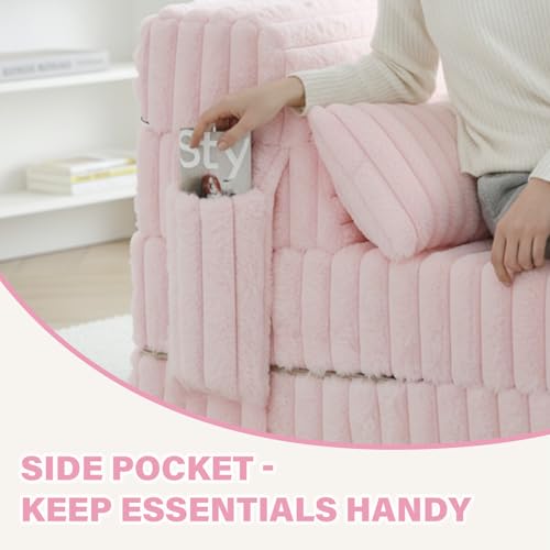Image of Tiita Folding Sofa Bed - 4-Fold Convertible Sleeper Chair with Corduroy Cover and Rectangular Pillow, Floor Sofa Mattress for Adults, Single Size, Pink