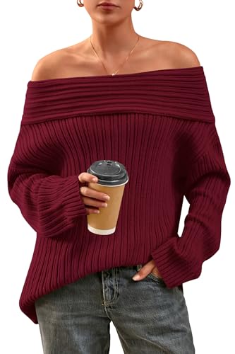 CFLONGE Women's Off The Shoulder Sweater Long Sleeve Oversized Ribbed Knit Fall Pullover Tops Winter Sexy Going Out Outfits