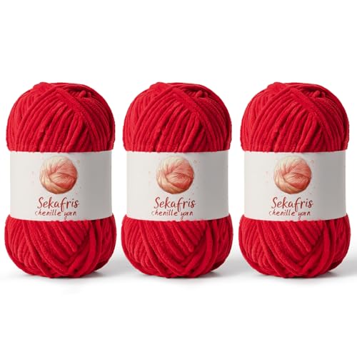 Image of Chenille Yarn for Crocheting, Size 5 Bulky,3 Red