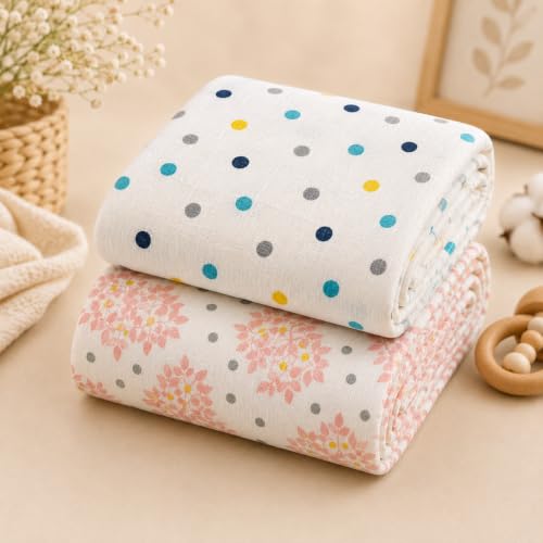 Image of Organic Cotton Muslin Pack of 2 Baby Bath Towel Cotton Cloth Premium Baby Washable, Reusable, Absorbent, Extra Soft 120 X 120 Cm Multi Dot & Leaf Dot