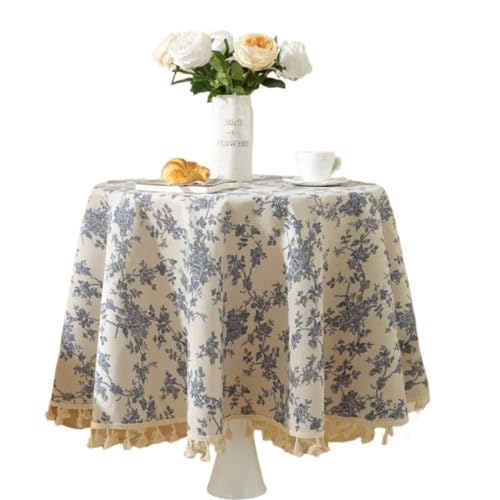 Falda Mesa Camilla Mantel de algodón y lino floral con borla, cubierta redonda para mesa de comedor, mantel de té para fiestas (Tassel Edge, Diameter 90cm)