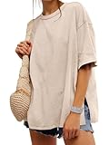 UNCLECAT Womens Oversized T Shirts Summer Trendy Short Sleeve Crew Neck Tops Loose Fit Side Slit Tees Apricot