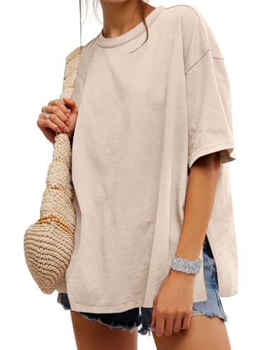 UNCLECAT Womens Oversized T Shirts Summer Trendy Short Sleeve Crew Neck Tops Loose Fit Side Slit Tee Apricot