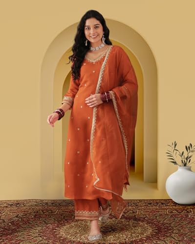 Image of Amazon Brand - Tavasya Women Silk Blend Zari Sequence Embroidered Kurta with Pant and Dupatta |Ethnic Wear