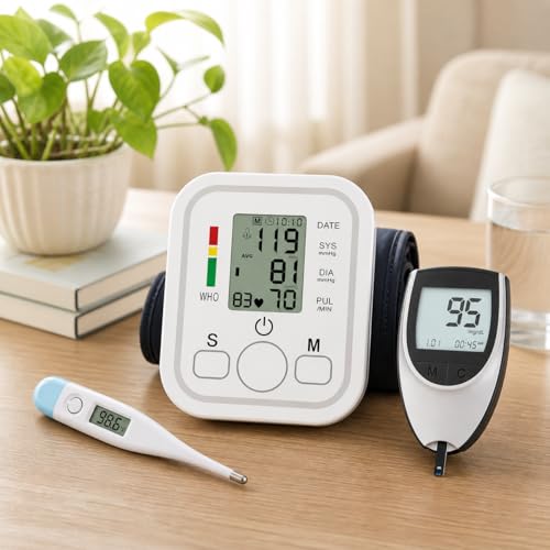 Image of Aika (Combo Pack) AK-555 Automatic Measuring BP Monitoring Machine for Home with Voice Broadcast, Accurate Measurement & AK-33 Blood Glucose Monitor & AK-45 Digital Thermometer (1 Set)