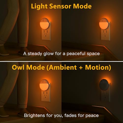 Image of YUNLEX 2 Pack Plug in Sleep Night Light with Motion Sensor and Dusk to Dawn Sensor, 3 Modes, Soft Glow, Stepless Dimming, LED Lights for Bedroom, Sleep, Baby Nursery, Kids, Toddler, Home Decor (Amber)