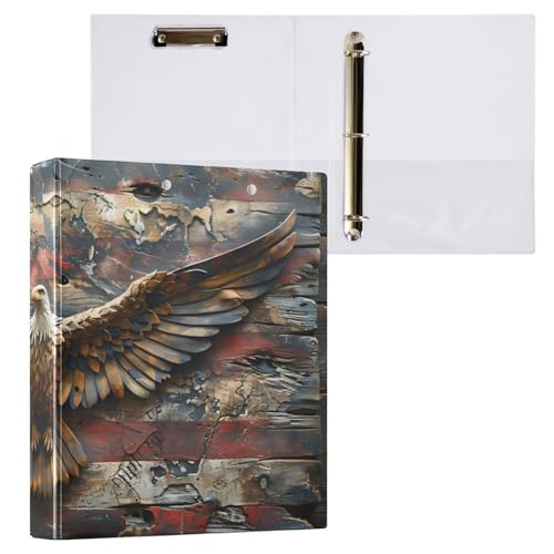 Image of 3 Ring Binder Eagle American Flag Vintage 1.5 inch Binders Three Ring Binders with Clipboard Fit 8.5'' x 11'' Paper 3 Interior PVC Clear Pockets for Office Supplies