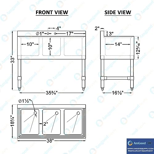 Image of AmGood 3 Compartment Under Bar Sink With Faucet - 38 inch X 18 3 /4 inch. NSF. Commercial Three Bowl Under Bar Sink