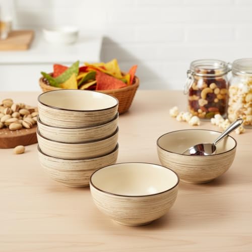 Image of Beyond Homes Ceramic Curry Bowl Set of 4, 240ml | Microwave & Dishwasher Safe Ceramic Bowls for Snacks, Vegetables, Chutney & Raita | Dal Katori Set for Kitchen, Matte-Finish (4, Brown Texture)