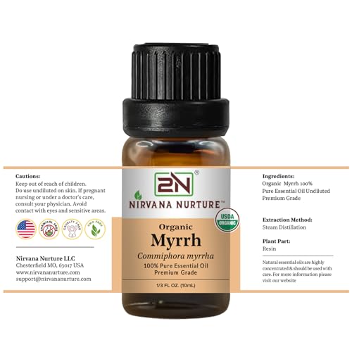 Nirvana Nurture Myrrh Essential Oil, USDA Certified Organic, 100% Pure Undiluted, Aromatherapy Oil for Diffuser, Hair & Skin Care