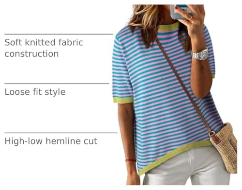 Image of Dokotoo Womens Tops 2026 Casual Summer Crewneck Short Sleeve Striped Color Block Knit High Low Trendy Pullover Sweaters