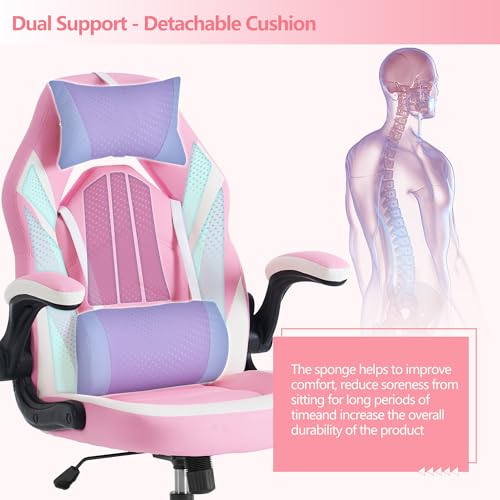 Image of Sweetcrispy Ergonomic Gaming Desk Chair - Computer Video with Comfy Lumbar Support and headrest, PU Leather with Flip-up Arms, Adjustable Height and Swivel Wheels, Home and Office, Pink