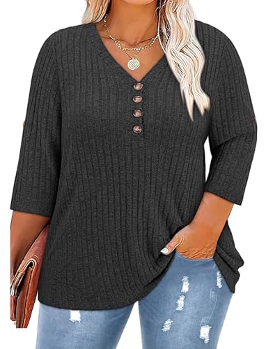 Image of Koscacy Women Plus Size V Neck 3 /4 Roll Sleeve Sweater Casual Knit Tops Solid Color Blouses