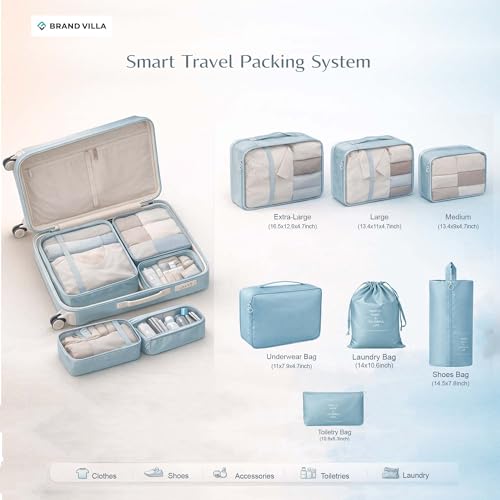 Image of BRAND VILLA 7 Pcs Travel Organizer Set Packing Cubes Luggage Organizer Bags with Shoe Bag, Laundry Pouch & Toiletry Bag for Clothes, Shoes, Accessories, Lightweight Travel Storage for Suitcase (Blue)