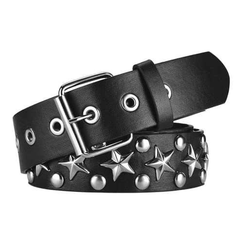 SNCEAW Studded Star Belts, Metal Y2K Spike Belts Black Punk Rivet Style Women Men for Jeans Hip Hop(1-Black Star)