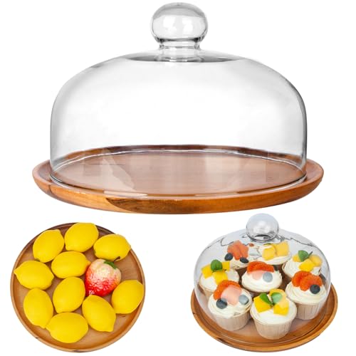 Présentoir à gâteau avec base en bois de 25,4 cm avec dôme en verre, cloche en verre transparent pour dessert, fromage, bonbons, plantes succulentes