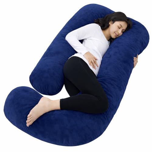 Restify J-Shape Pregnancy Pillow for Women Sleeping | Full Body Maternity Pillow for Back, Hips, Legs & Belly Support | Removable & Washable Velvet Cover | Navy Blue