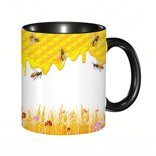 EKLMPS Tazas de Café,Taza de Cerámica para Té y Café,330ml/11oz,Regalos original,Aniversarios,nupical,desayuno,Románticos,Panal de abejas geométrico, colmena y flores de manzanilla, flores de primaver