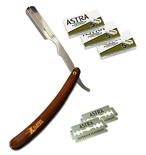CS-101 Brown Stainless Steel Professional Barber Straight Edge Razor with 15 Astra Double Edge Razor Blades