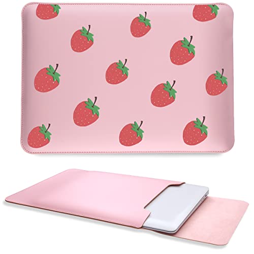 Cute Fruit Strawberry Laptop Sleeves 14 Inch, Pink Faux Leather Cover Case for Women Girls, Compatible with MacBook Pro 14 2021/Air 13 2010-2017/Pro 13 2012-2016, 14inch (14.2*10.7 inches)