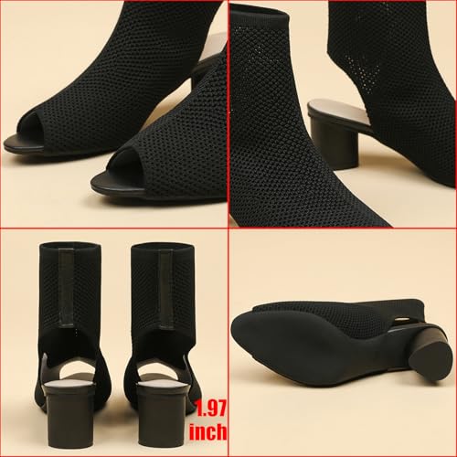 Women's Knit Peep Toe Slingback Chunky Heeled Sandals Fashion Open Pointed Toe Cut Out Slip On Backless Ankle Boots Summer Comfortable Breathable Casual Sock Booties3
