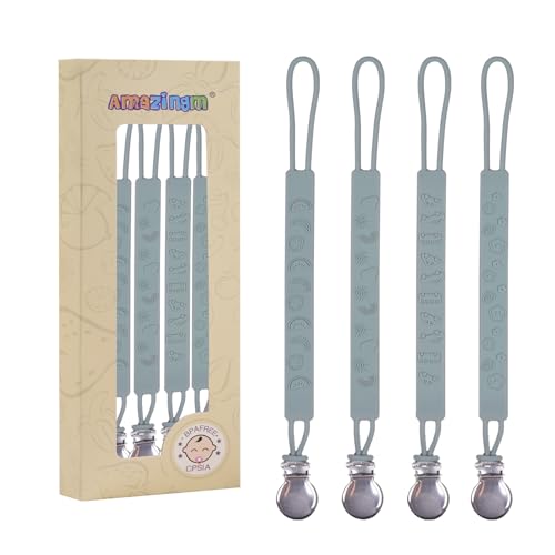 Image of One Piece Design Silicone Pacifier Clip Holder for Baby Boys and Girls,Pack of 4 Flexible Paci Leash,Binky Clips,Newborn Essentials (Metal Clip, Gray)