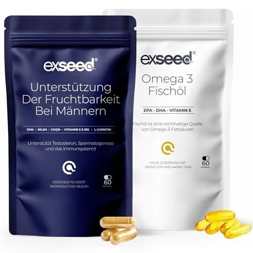 ExSeed Health Fruchtbarkeits Vitamine & Omega-3 für Männer – Multivitamin & Fischölkapseln – Nahrungsergänzung zur Unterstützung der männlichen Fruchtbarkeit, Energie & Vitalität – 1-Monatsvorrat