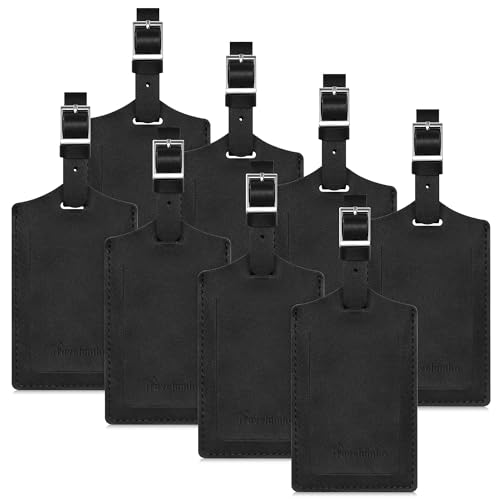 Travelambo 8 Pack Luggage Tags Faux Leather for Suitcases Travel Bag Labels Travel Accessories Essential with Protection Cover ID (Black)