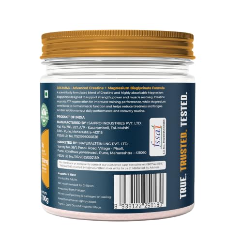 Image of Naturaltein Creamag Boost Creatine 3g + Magnesium Bisglycinate 130mg Supplement Powder, Berry Flavour, Supports Strength, Energy & Recovery, 100g (20 Servings)