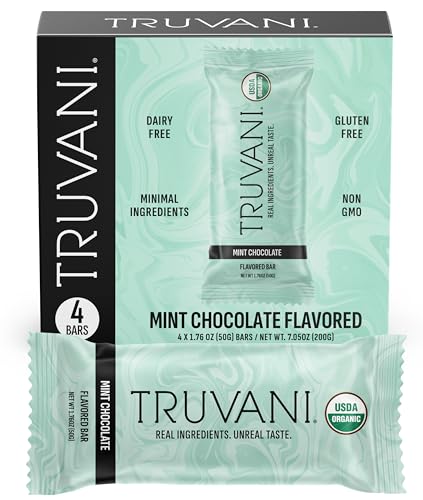 Truvani Plant Based Snack Bars | Chocolate Mint 4 Pack | 7g Protein | USDA Organic and Vegan | The Only Bar | Dairy, Soy, and Gluten Free | Individually Wrapped