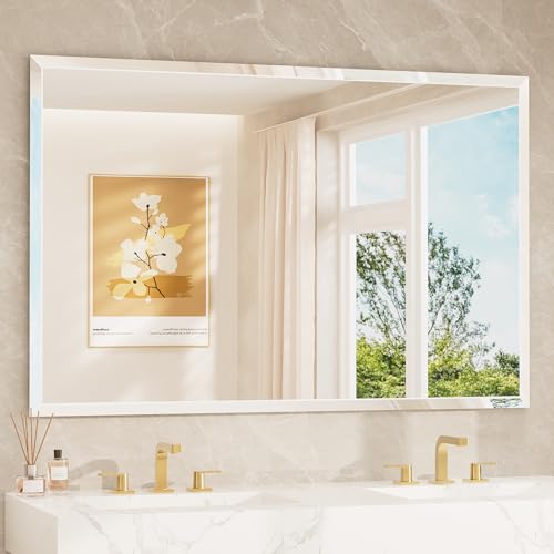 Image of TETOTE 55 inch x 36 inch Large Mirror with Frameless Tempered Beveled Edge for Vanity and Bathroom