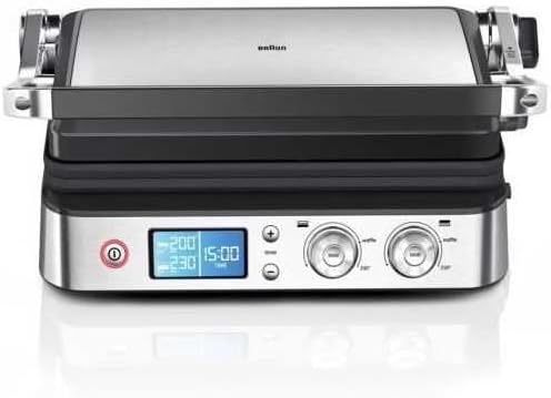 Ngaphambili view of the Braun MultiGrill 9 CG 9047 showing the control panel and closed plates.