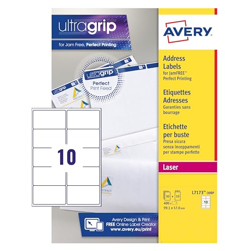 Avery Bonus Pack of Labels, Laser Printer, White Blank A4 Labels, 30 Sheets Plus 10 Extra, 99.1 x 57.0 mm,UltraGrip, L7173-30BP - Image 2
