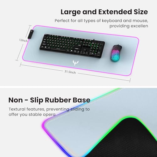 Image of BladeHawks RGB Gaming Mouse Pad Extra Large Extended 31.5x12 Inch-Grey | LED mouse pad with 14 lighting modes, covers keyboard & mouse, anti-slip rubber base, waterproof surface, USB powered