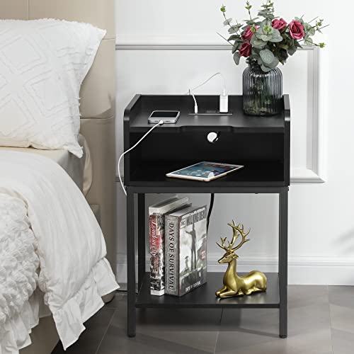 Farexon Nightstand With Charging Station And Usb Ports,Nightstand With Storage Drawer And Shelf, Small Bedside Table,End Table Night Stand For Bedroom(1 Pcs, Black) #TOP1