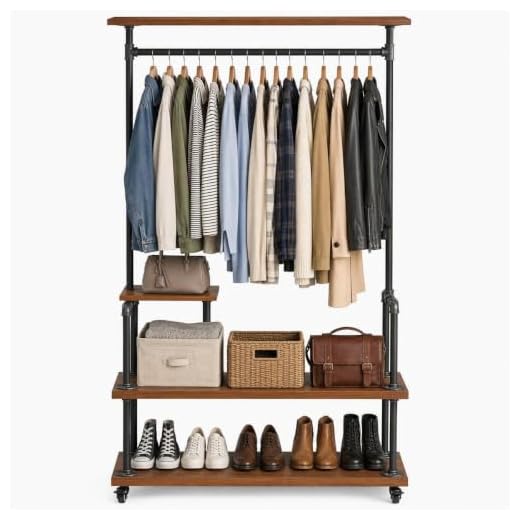DOFURNILIM Industrial Clothing Rack, Pipe Style Rolling Garment Rack, Heavy Duty Steampunk Clothes Rack, Hall Tree on Wheels with Shelf and Shoes Storage for Home, Retail Store, Rustic Wood