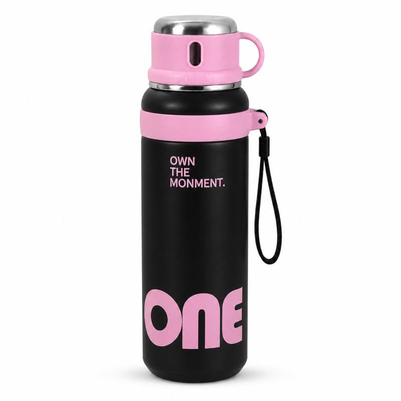 Image of Homero Premium Steel Bottle 1 Litre 1L, Stylish Water Bottle with Cup & Straw, Leak Proof Elegant Design for Women, Office, Gym, School, College & Travel Use - Blush Pink