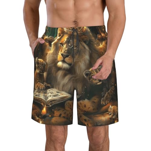 Men's Quick Dry Swim Shorts Lion Elegant Crown Fantasy Magic Art Style Beach Trunks with Pockets
