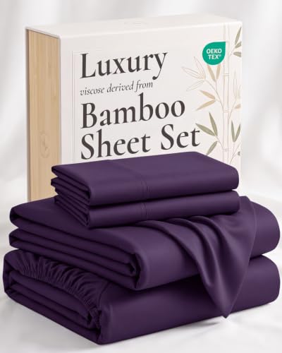 Image of Hotel Sheets Direct 4 Piece Bed Sheet Set Full Size, 100% Viscose Derived from Bamboo Sheets Set with 2 Pillowcases, Cooling & Breathable Luxury Bedding, Moisture-Wicking & Silky Soft Texture, Purple