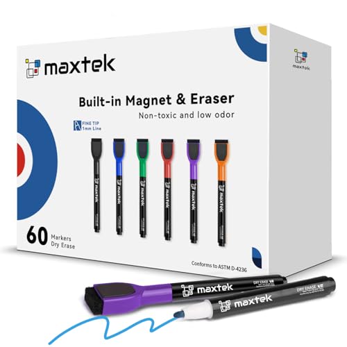 Image of maxtek 60 Count Magnetic Dry Erase Markers, Fine Tip, 6 Colors, Low Odor Whiteboard Markers with Built-in Eraser