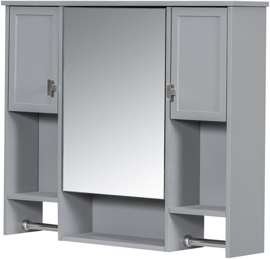 Pemberly Row Solid Wood Bathroom Wall Cabinet, Gray Patterned Finish, Mirror Front with Towel Bar, Modern Space-Saving Design, Spacious Storage, Durable Construction for Contemporary Bathroom Use