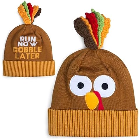 Run Now Gobble Later Turkey Pom Pom Beanie Hat | Thanksgiving Turkey Trot Gear Cover