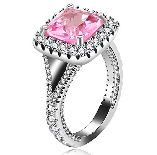 Uloveido Platinum Plated Sparky Cushion Cut 3 Carats Pink Cubic Zirconia Stone Solitaire Square Wedding Ring Split Shank Y5862