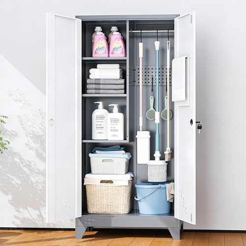 Image of Broom Closet Storage Cabinet, Metal Garage Storage Cabinet with 2 Doors & Pegboard, 61 inch Utility Cabinet with Hanging Rod, Tool Cabinet for Garage, Laundry Room, Home Office, White-Gray