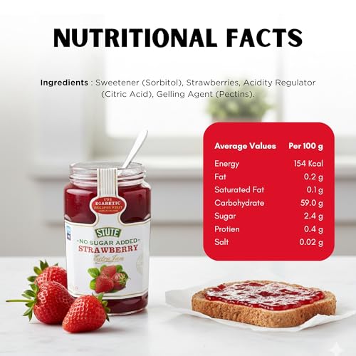 Image of Stute Strawberry Jam 430g, No Sugar Added, 90% Less Sugar & 30% Less Calories, Diabetic Friendly, Imported from UK