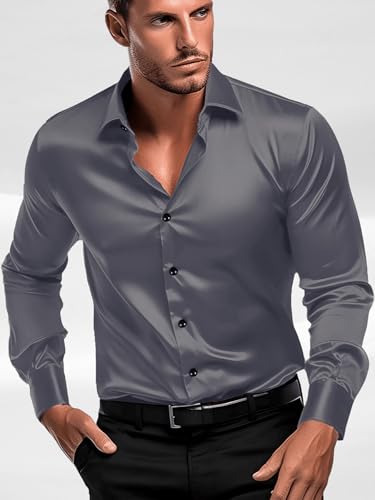 Image of IndoPrimo Men's Satin Shirt with Spread Collar Neck Line Solid Pattern Full Sleeves Regular Fit Western Style and Standard Length